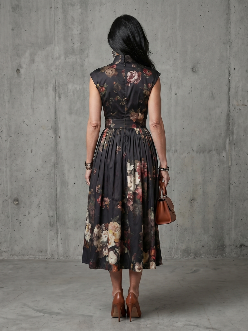 Floral Print Mock Neck Keyhole Sleeveless Belted Midi Dress