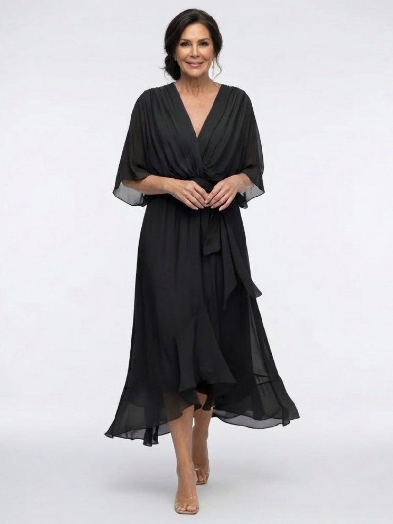 V-Neck Kimono Sleeve Tie Waist High Low Midi Dress