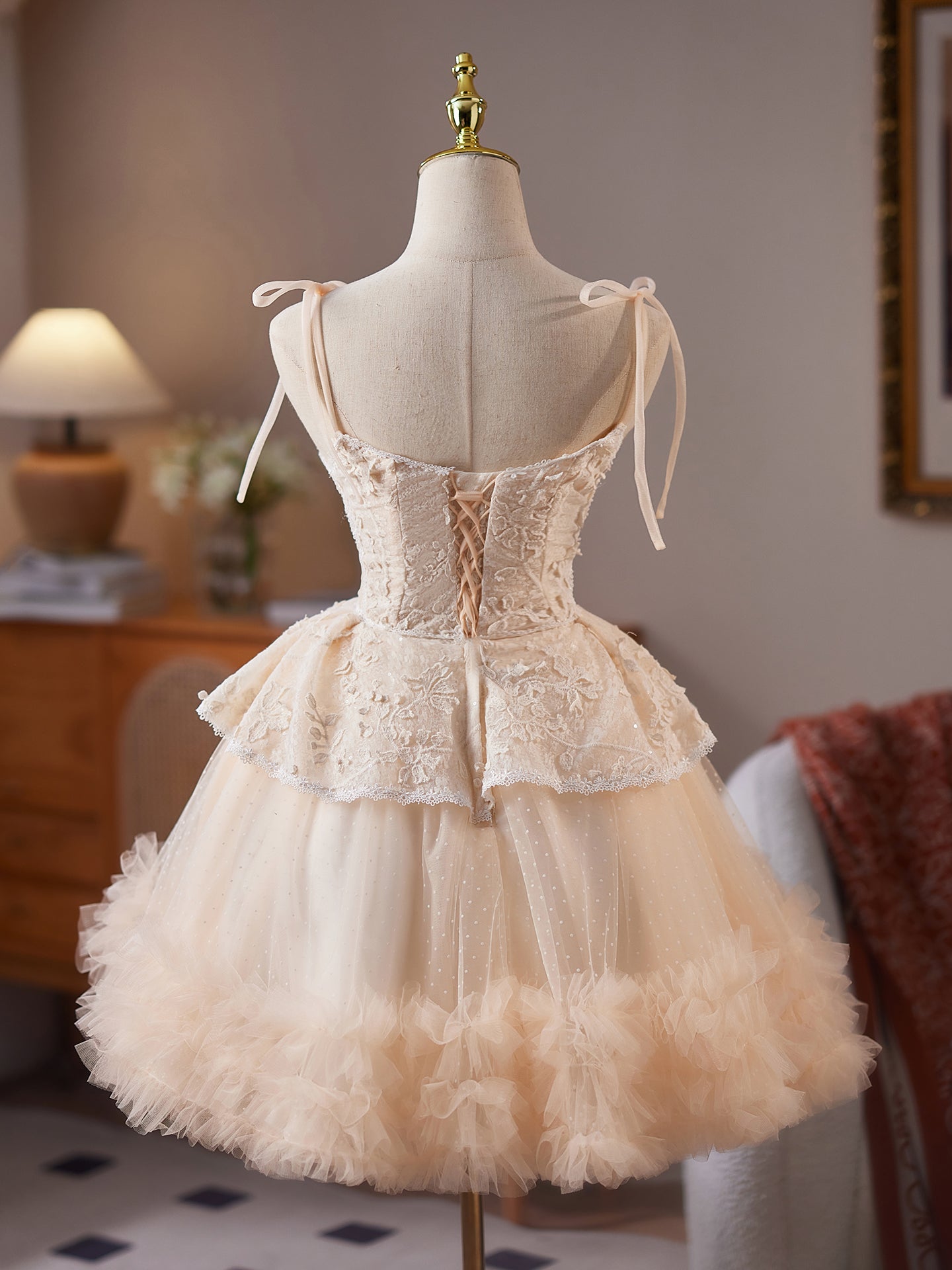 Charming Spaghetti Straps A Line Champagne V Neck Homecoming Dress
