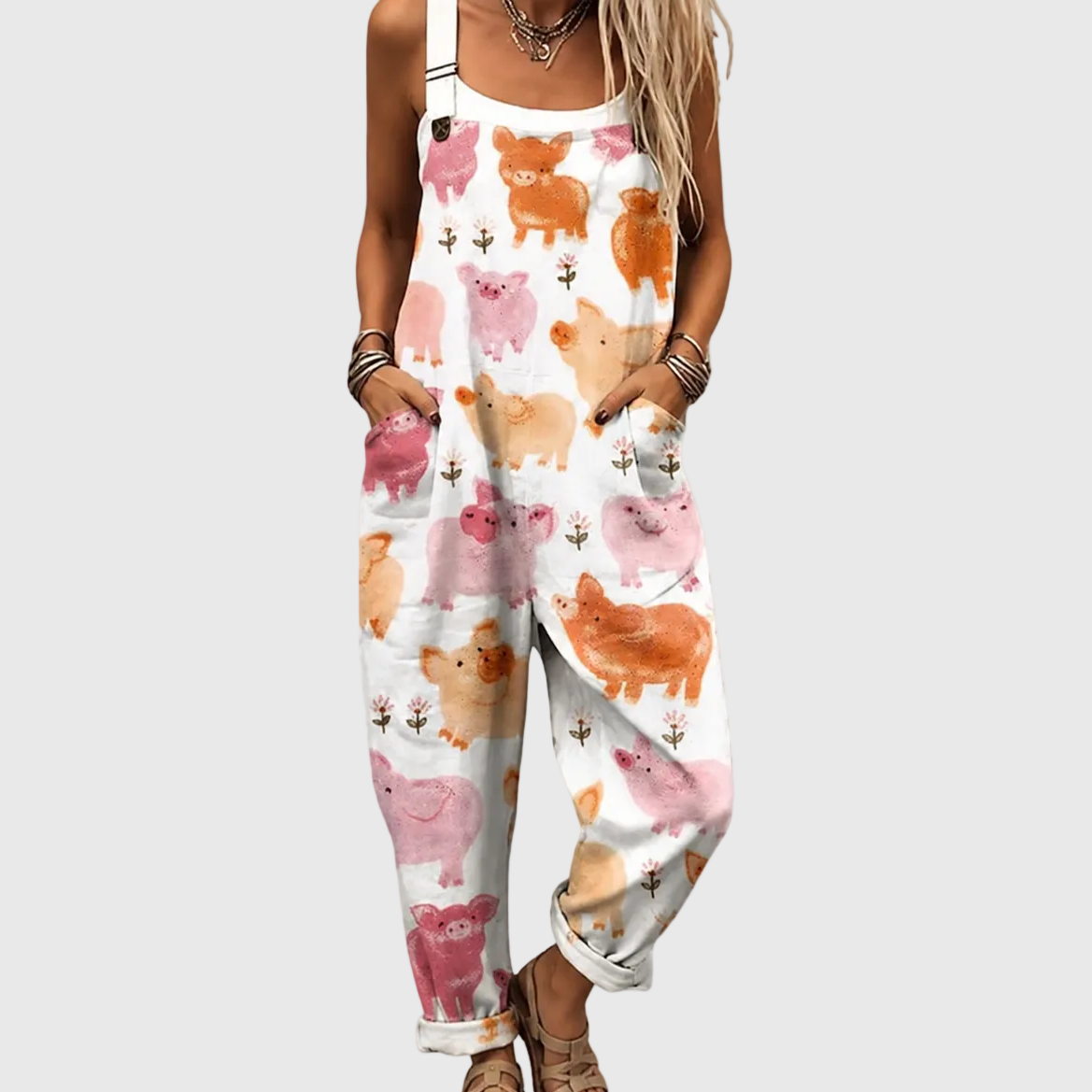 Pig Print Adjustable Strap Pocket Overall Jumpsuit