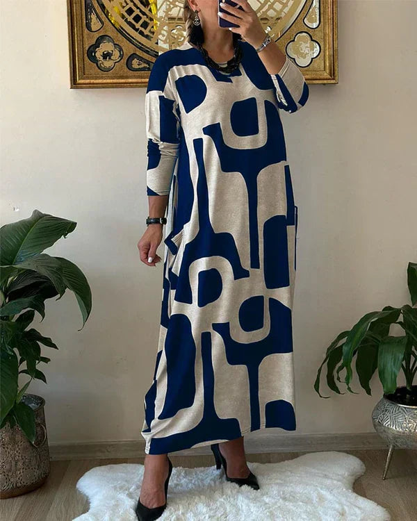 Simona Minimalist Long Sleeve Dress with Print Designer Edit