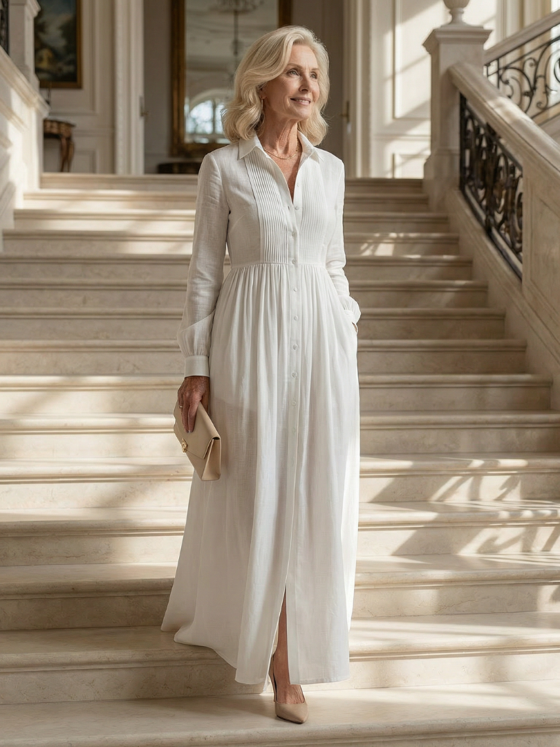 Collared Long Sleeve Pintuck Button Front Maxi Shirt Dress