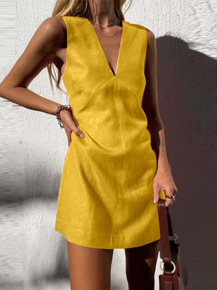 Deep V-Neck Wide Strap Shift Mini Dress