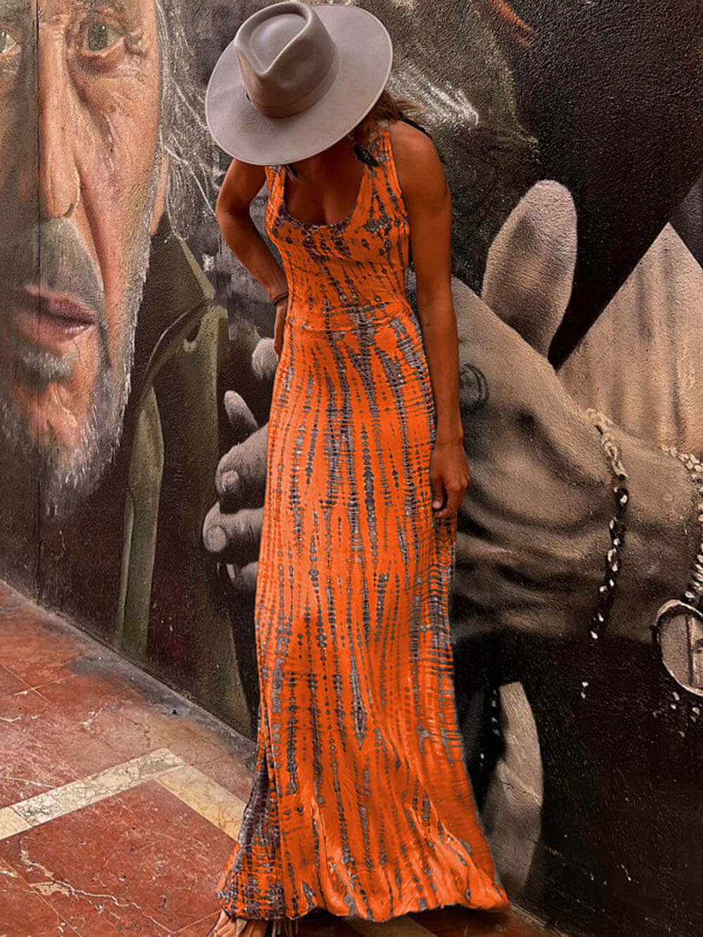 Tie Dye Print Scoop Neck Sleeveless Stretch Knit Maxi Dress 7