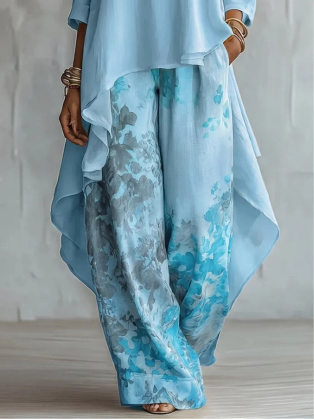 Boat Neck High Low Top and Floral Wide Leg Pants Two Piece Set