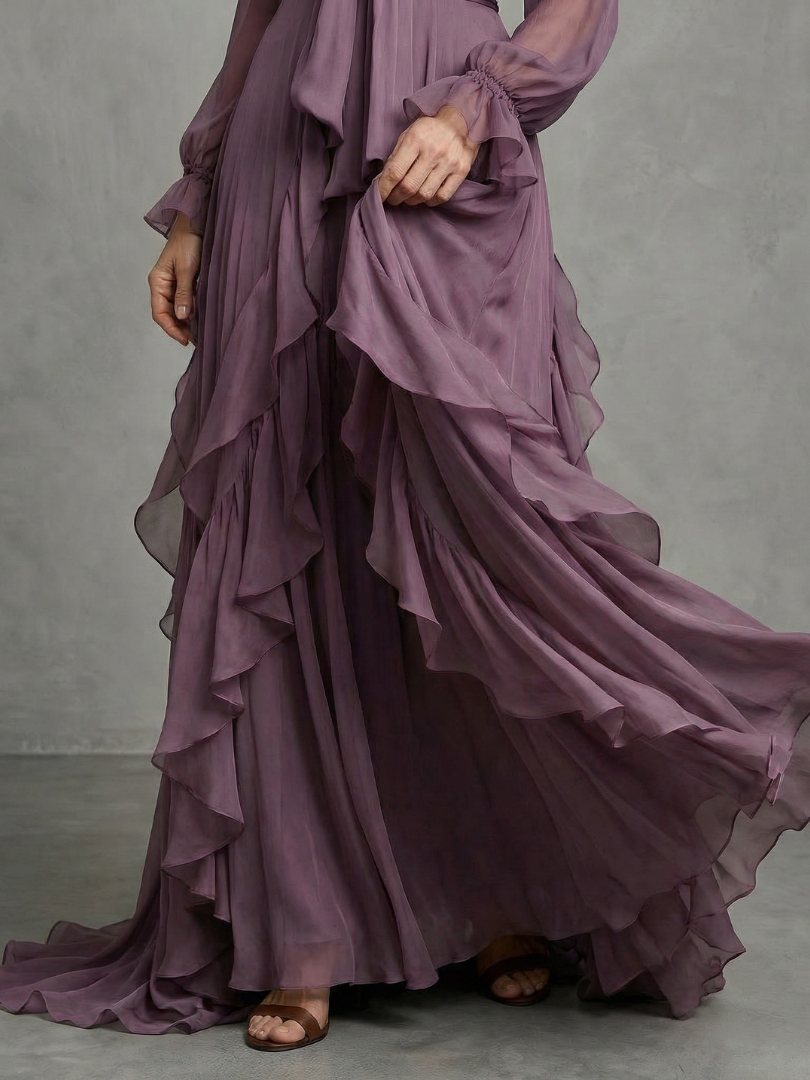Tie Neck Long Sleeve Ruffle Tiered Chiffon Maxi Gown