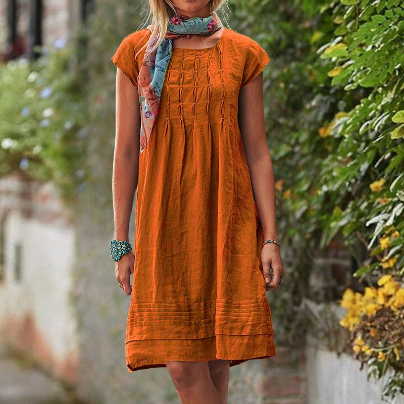 Short Sleeve Pintuck Gathered Front Tiered Band Hem Knee Length Summer Dress