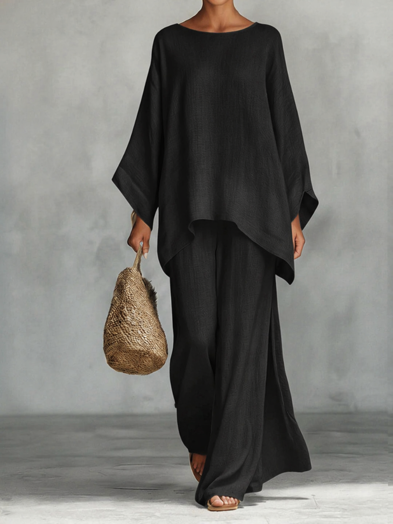 Boat Neck Top and Wide Leg Pants Two Piece Set