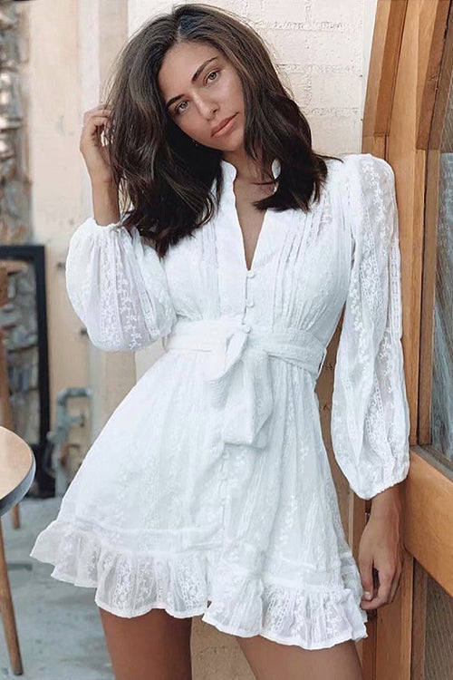 Crochet Lace Long Sleeve V-Neck Mini Dress - View 11