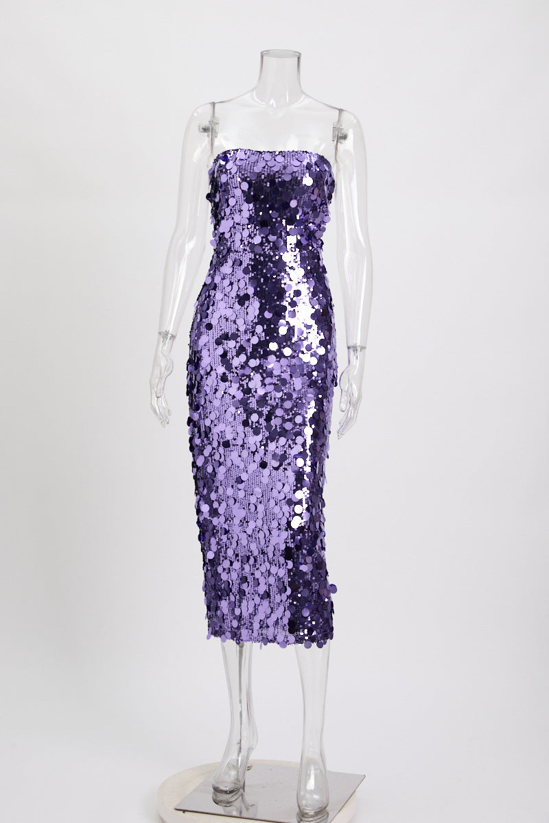 Paillette Sequin Strapless Bodycon Midi Party Dress