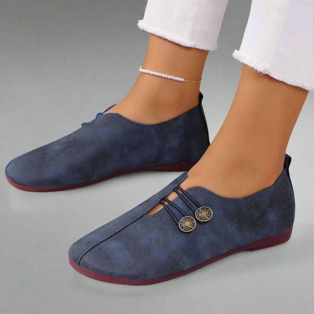 Round Toe Button Loop Suede Look Slip On Flats