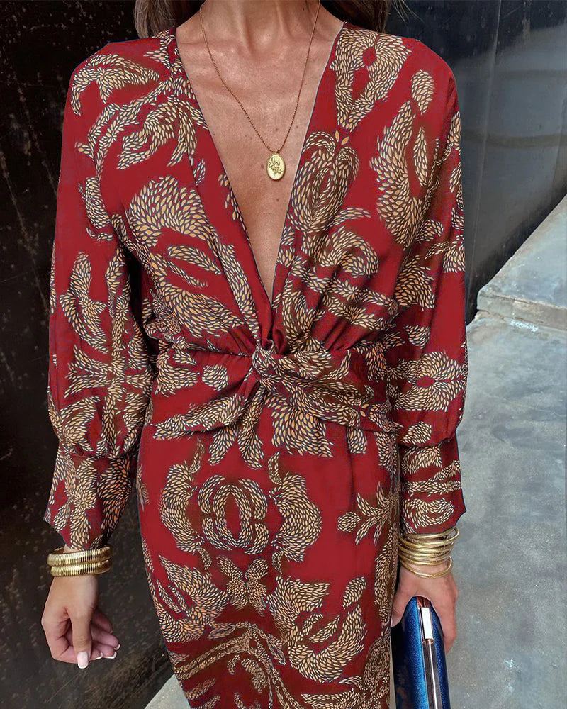 Floral Print Deep V-Neck Long Sleeve Twist Front Wrap Midi Dress