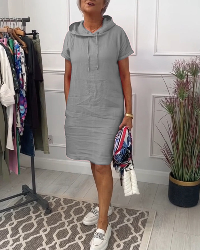 Hooded Drawstring Short Sleeve Knee Length Shift Dress