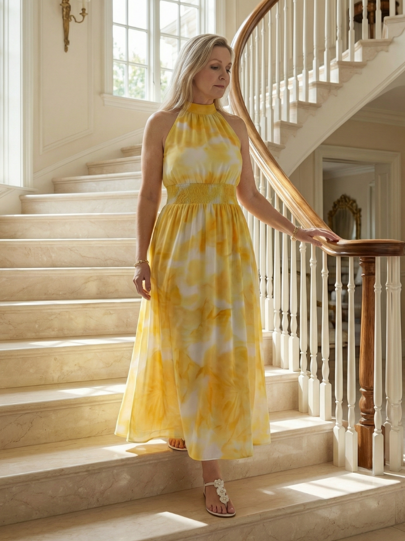 Halter Neck Sleeveless Tie Dye Smocked Waist Maxi Dress