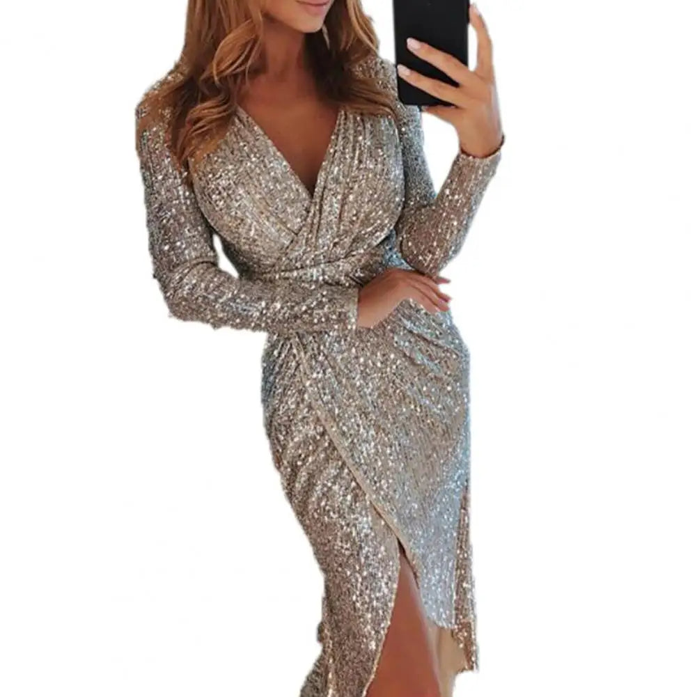 Sequin Deep V-Neck Long Sleeve Ruched Wrap Slit Midi Dress