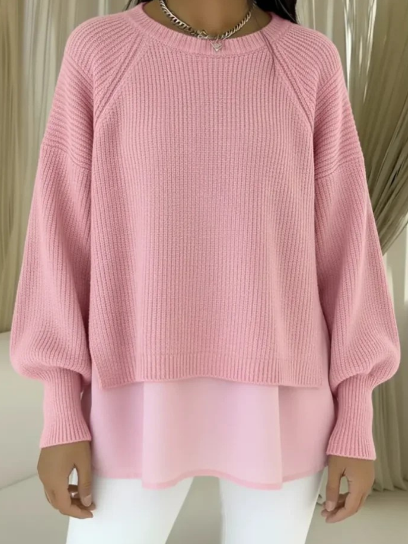 Crew Neck Layered Chiffon Hem Ribbed Knit Sweater
