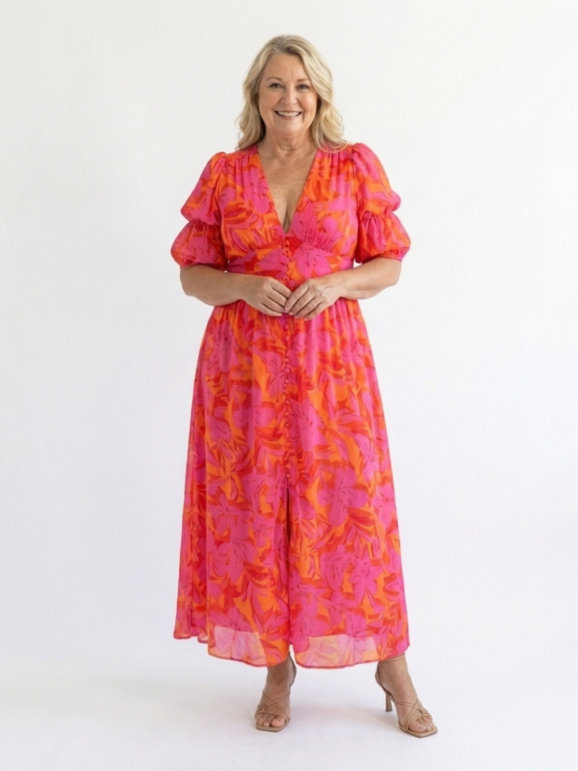 Floral V-Neck Puff Sleeve Button Front Midi Dress