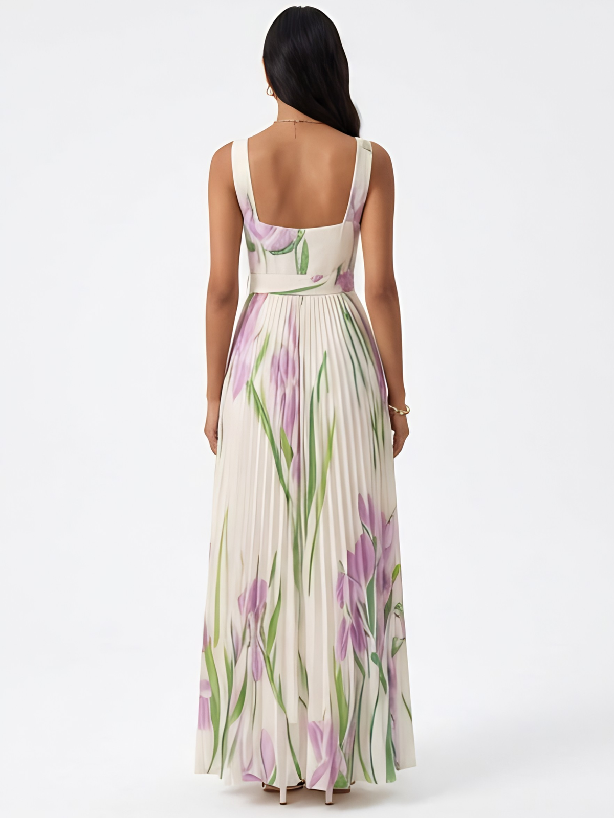 Floral Print Square Neck Belted Pleated Maxi Dress
