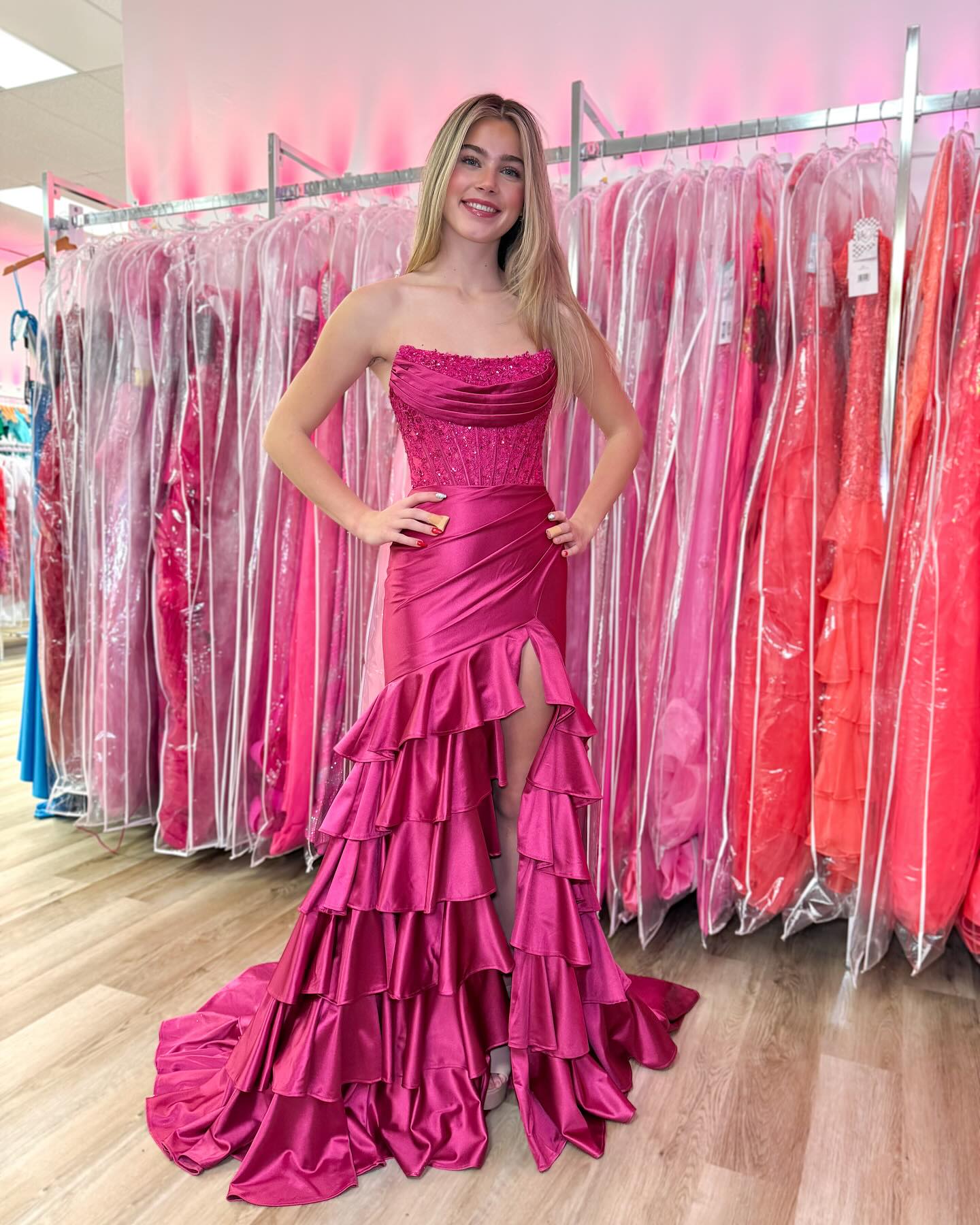 Stylish Pink Mermaid Strapless Long Tiered Satin Prom Dress with Sequin