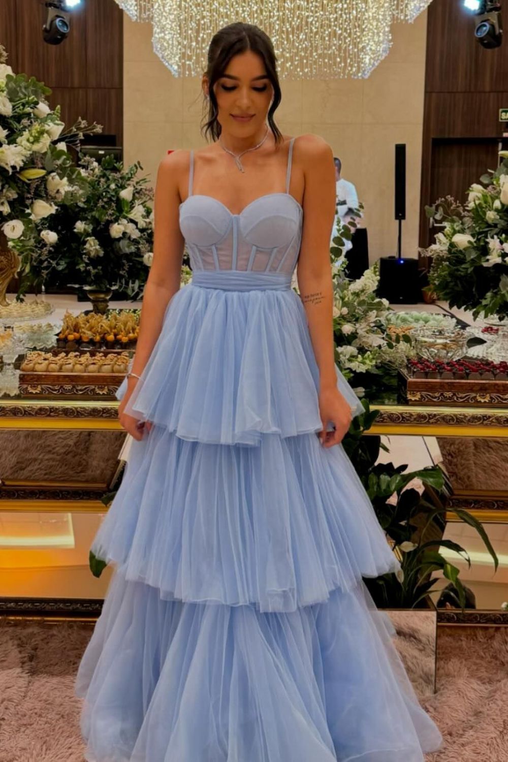 Princess A Line Spaghetti Straps Blue/Lavender Corset Prom Dress with Ruffles