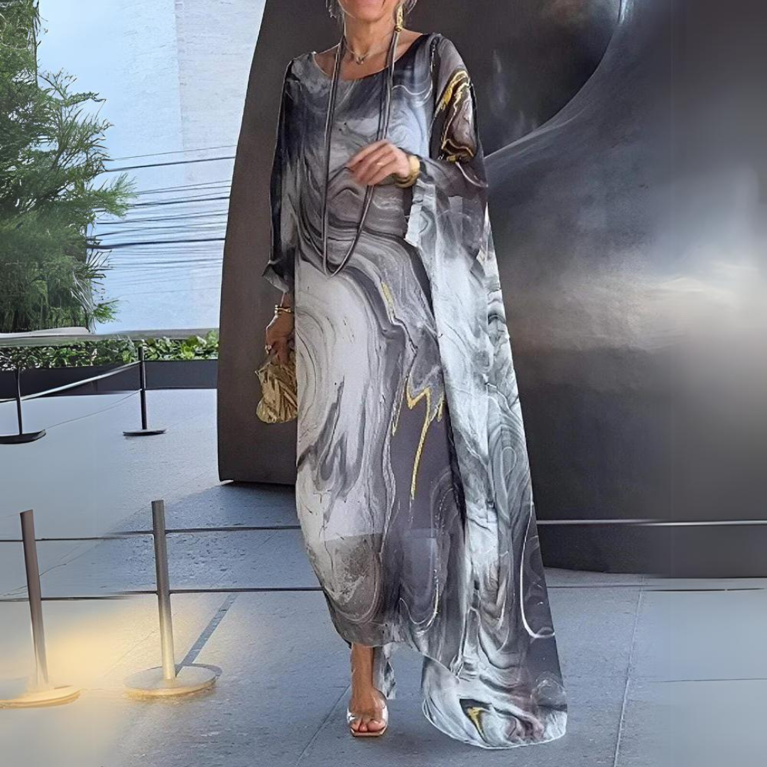Marble Print Batwing Sleeve Sheer Overlay Kaftan Maxi Dress