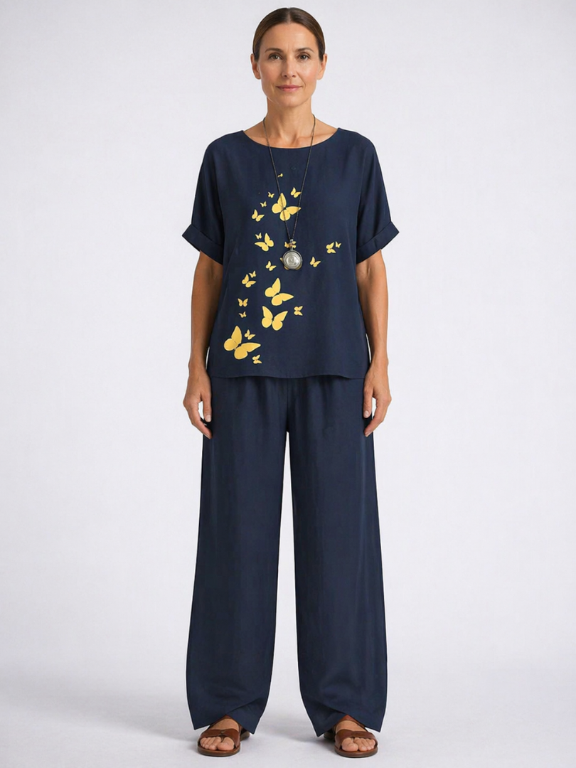 Butterfly Print Short Sleeve Top and Wide Leg Pants Two Piece Set