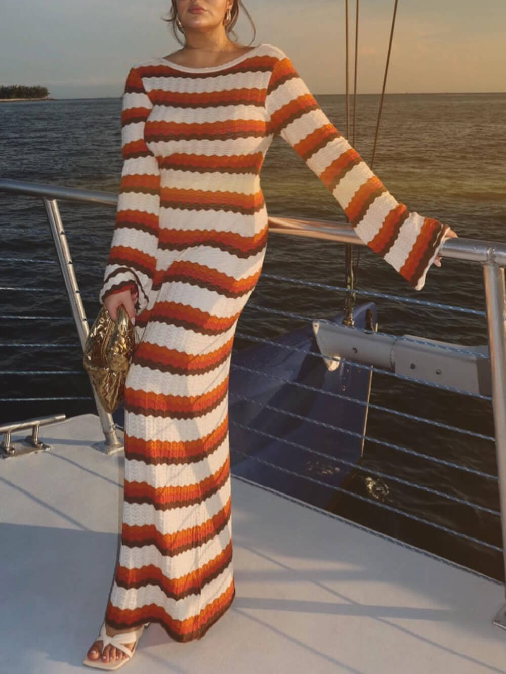 Crochet Zigzag Stripe Long Sleeve Bell Sleeve Maxi Dress