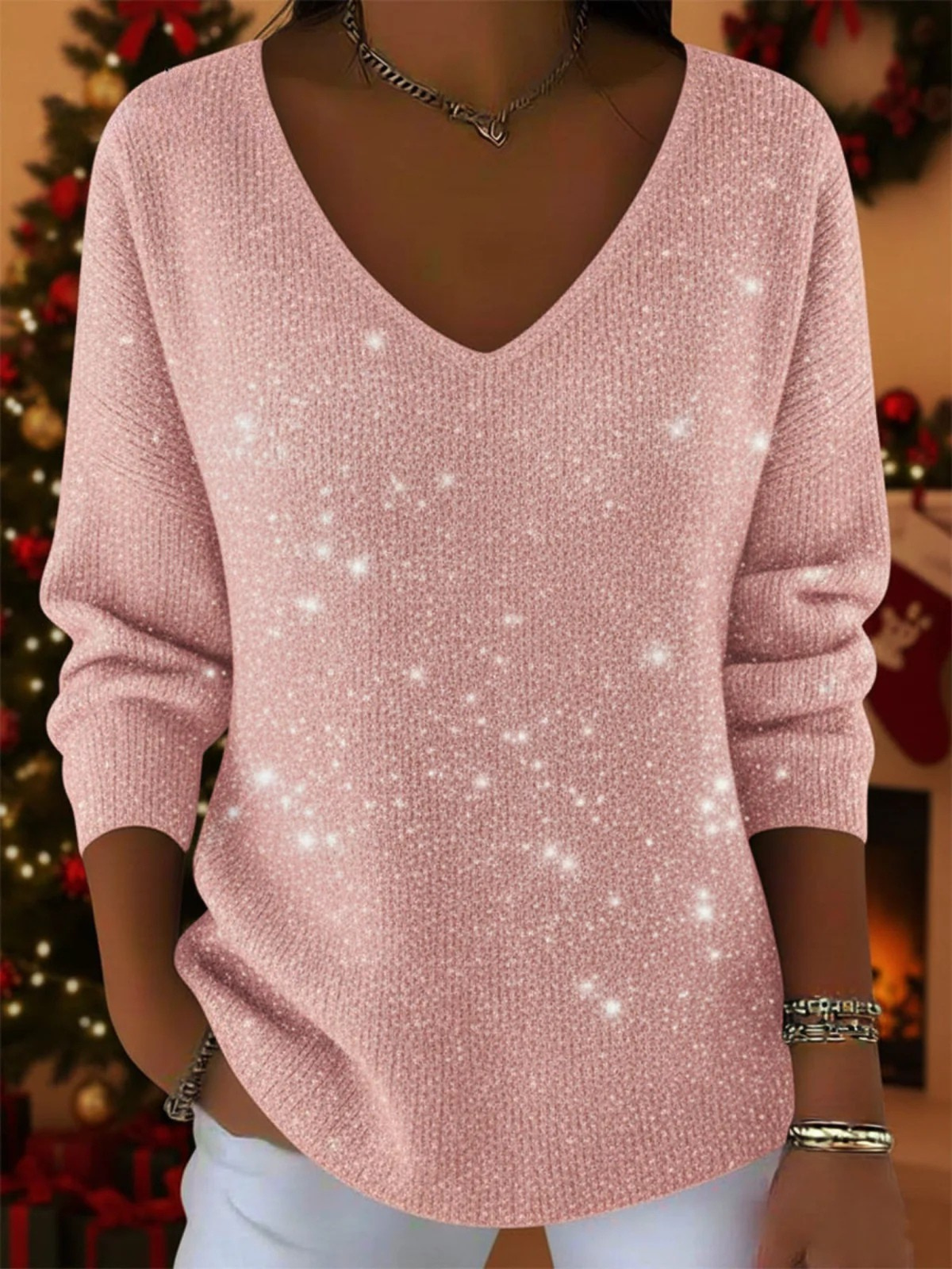 V-Neck Long Sleeve Glitter Knit Sweater