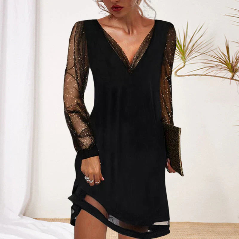 Deep V-Neck Glitter Mesh Long Sleeve Mesh Panel Hem Shift Mini Party Dress