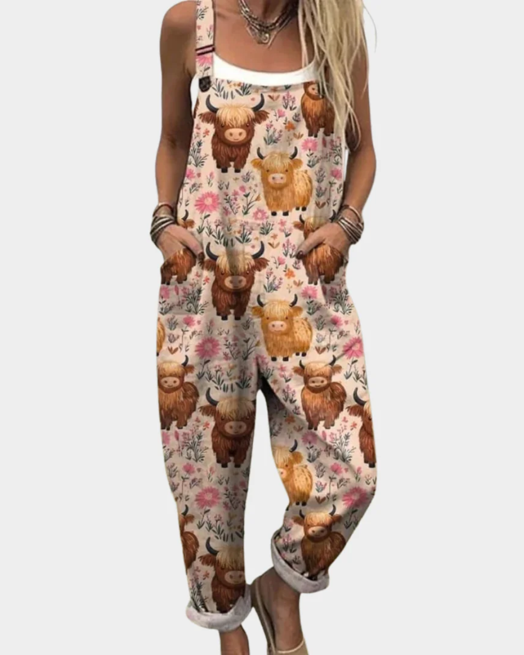 Wildflower Print Cuffed Leg Overall Jumpsuit with Pockets