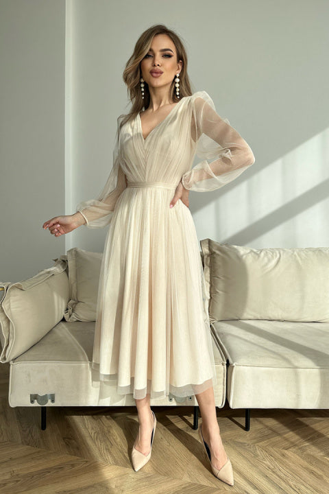 Tulle Long Sleeve V Back A-Line Maxi Dress