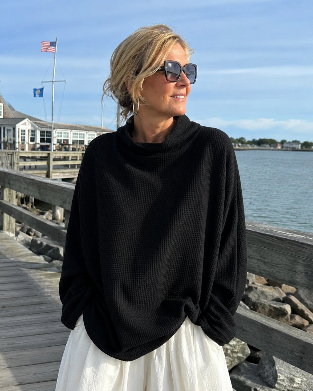 Waffle Knit Cowl Neck Oversized Long Sleeve Sweater