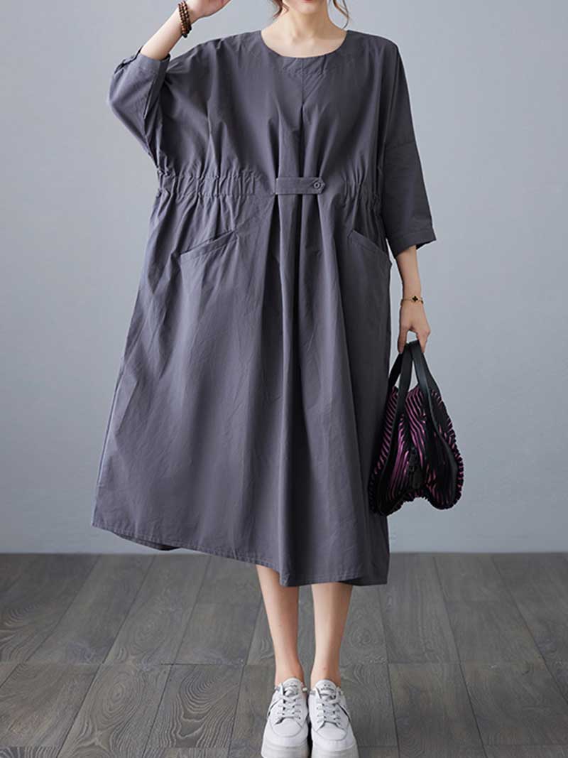 Round Neck Three Quarter Sleeve Gathered Waist A-Line Midi Dress