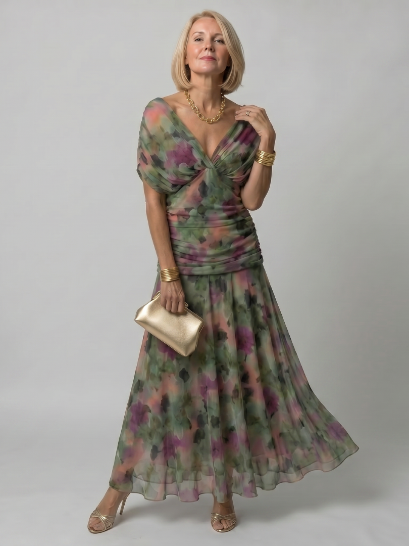 Floral Print Off Shoulder Twist Front Ruched Maxi Dress