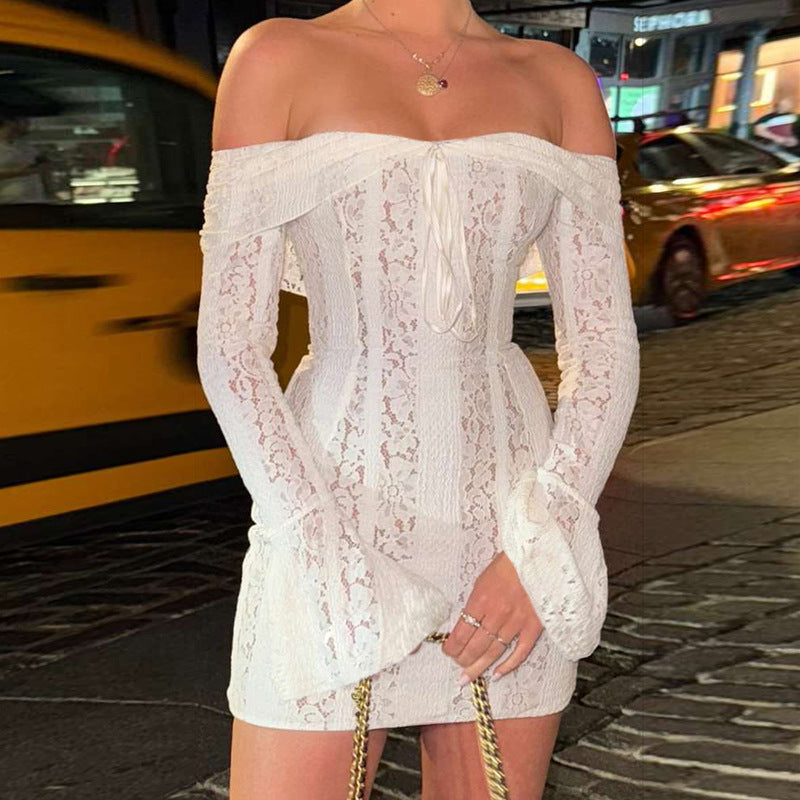 Off Shoulder Lace Bell Sleeve Ribbon Tie Bodycon Mini Dress