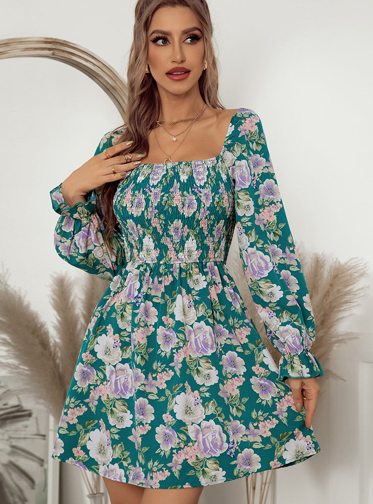 Floral Square Neck Smocked Bodice Long Sleeve Mini Dress