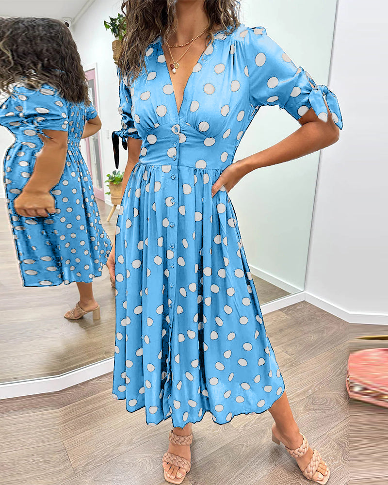 Polka Dot Deep V-Neck Button Front Puff Sleeve Tie Cuff Midi Dress