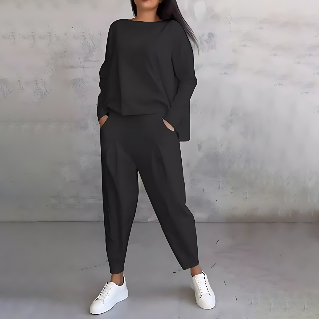 Boat Neck Long Sleeve Top and Tapered Pants Two Piece Set