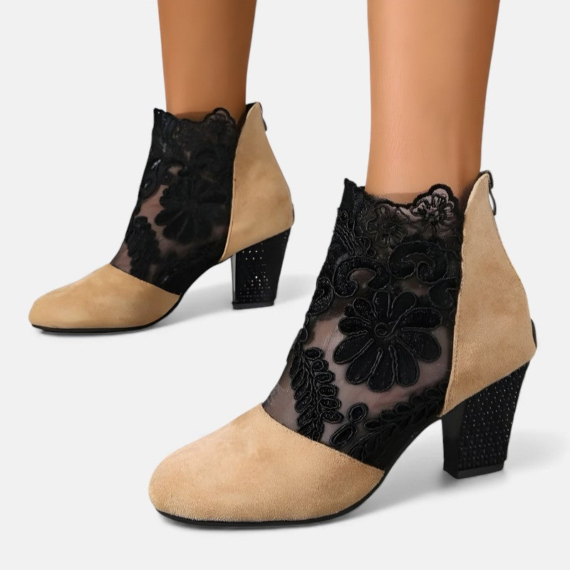 Round Toe Floral Lace Mesh Block Heel Ankle Boots