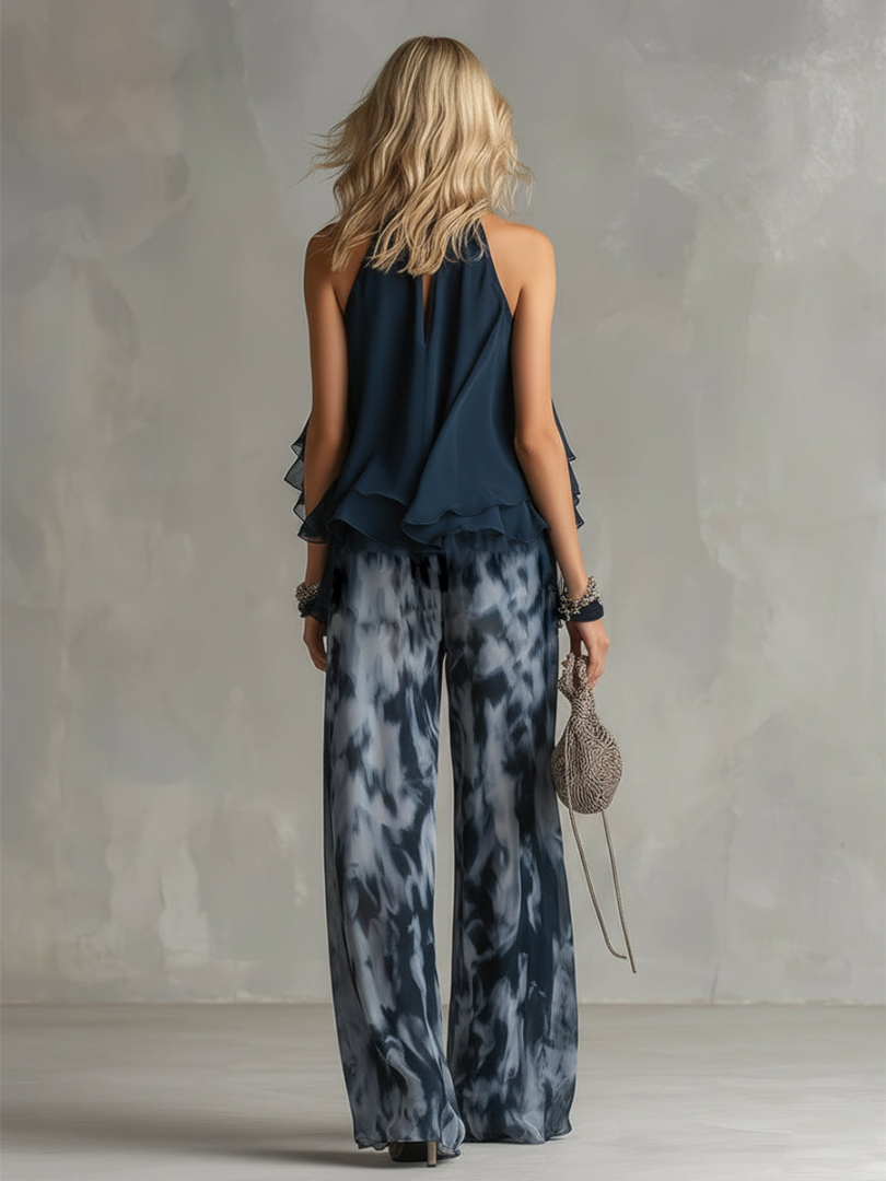 Halter Neck Ruffle Top and Wide Leg Pants Two Piece Set