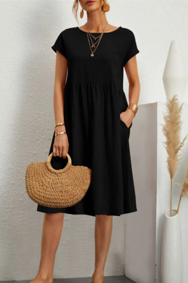 Linen Blend Print A-Line Short Sleeve Midi Dress
