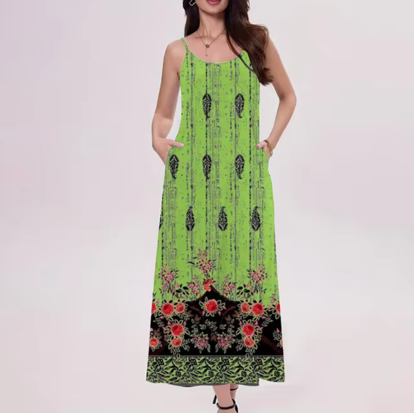 Floral Border Print Spaghetti Strap Scoop Neck Pocket A-Line Maxi Dress
