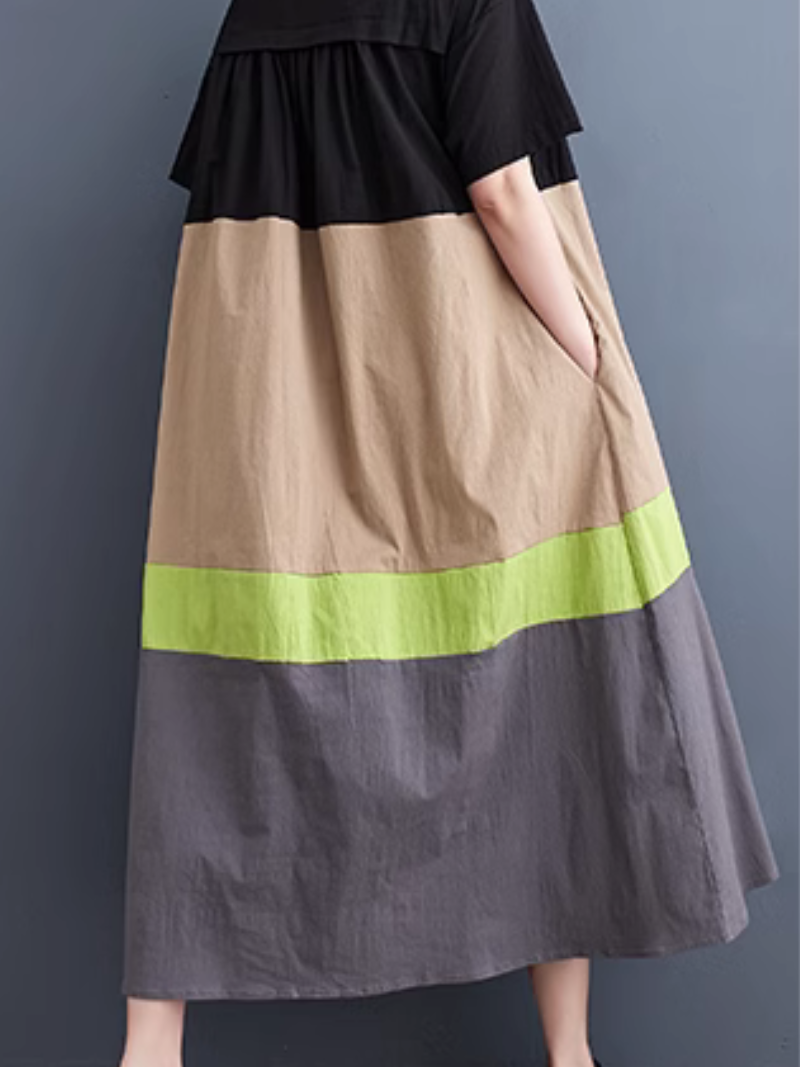 Colorblock Button Front Oversized Short Sleeve Midi Dress