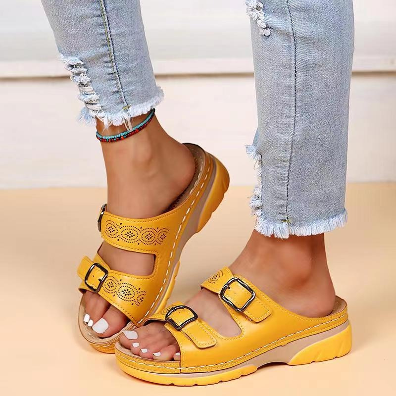 Open Toe Cutout Double Buckle Wedge Slide Sandals