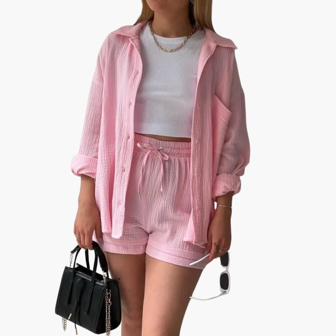 Button Front Shirt and Drawstring Shorts Two Piece Set