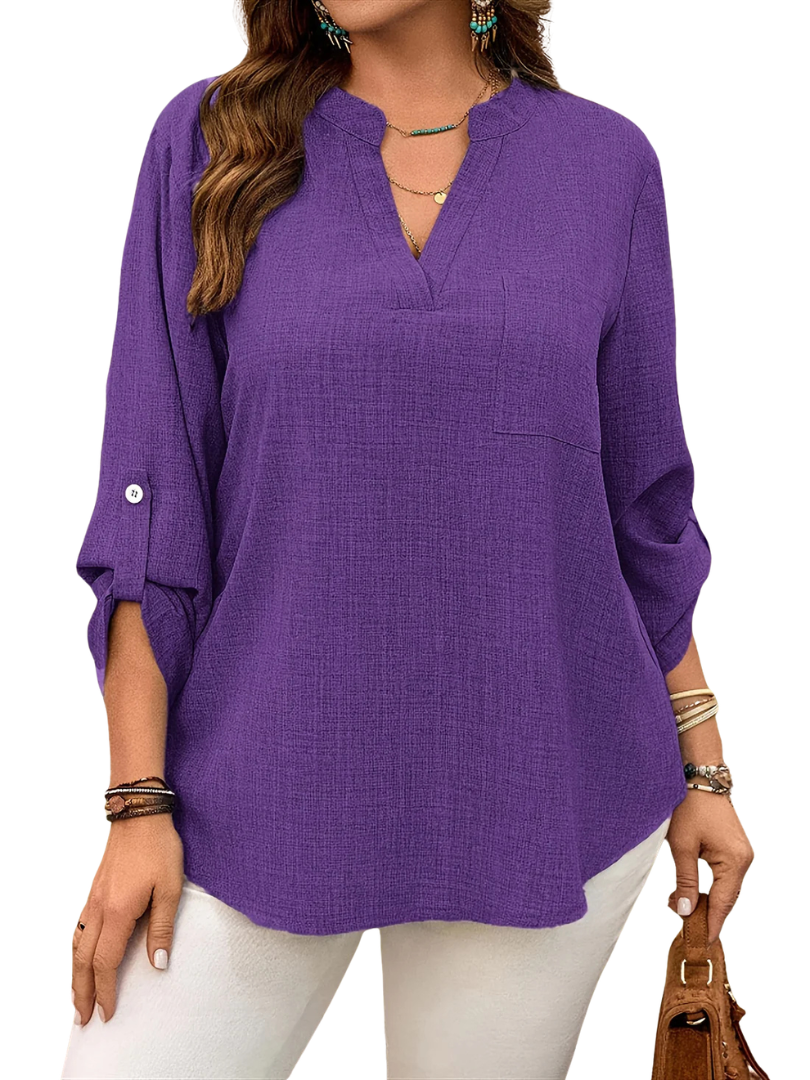 Notch V-Neck Roll Tab Long Sleeve Pocket Top