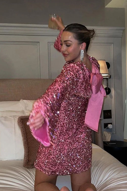 Sequin Long Sleeve Open Back Bow Tie Mini Dress