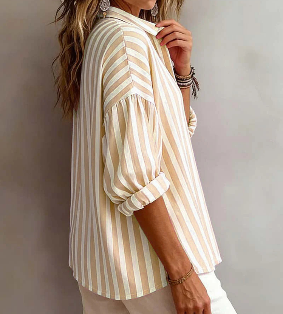 Striped Collared Half Sleeve Popover Blouse