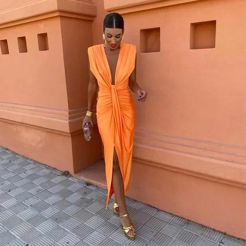 Satin Deep V-Neck Cap Sleeve Knot Front Ruched Side Seam High Split Bodycon Midi Party Dress