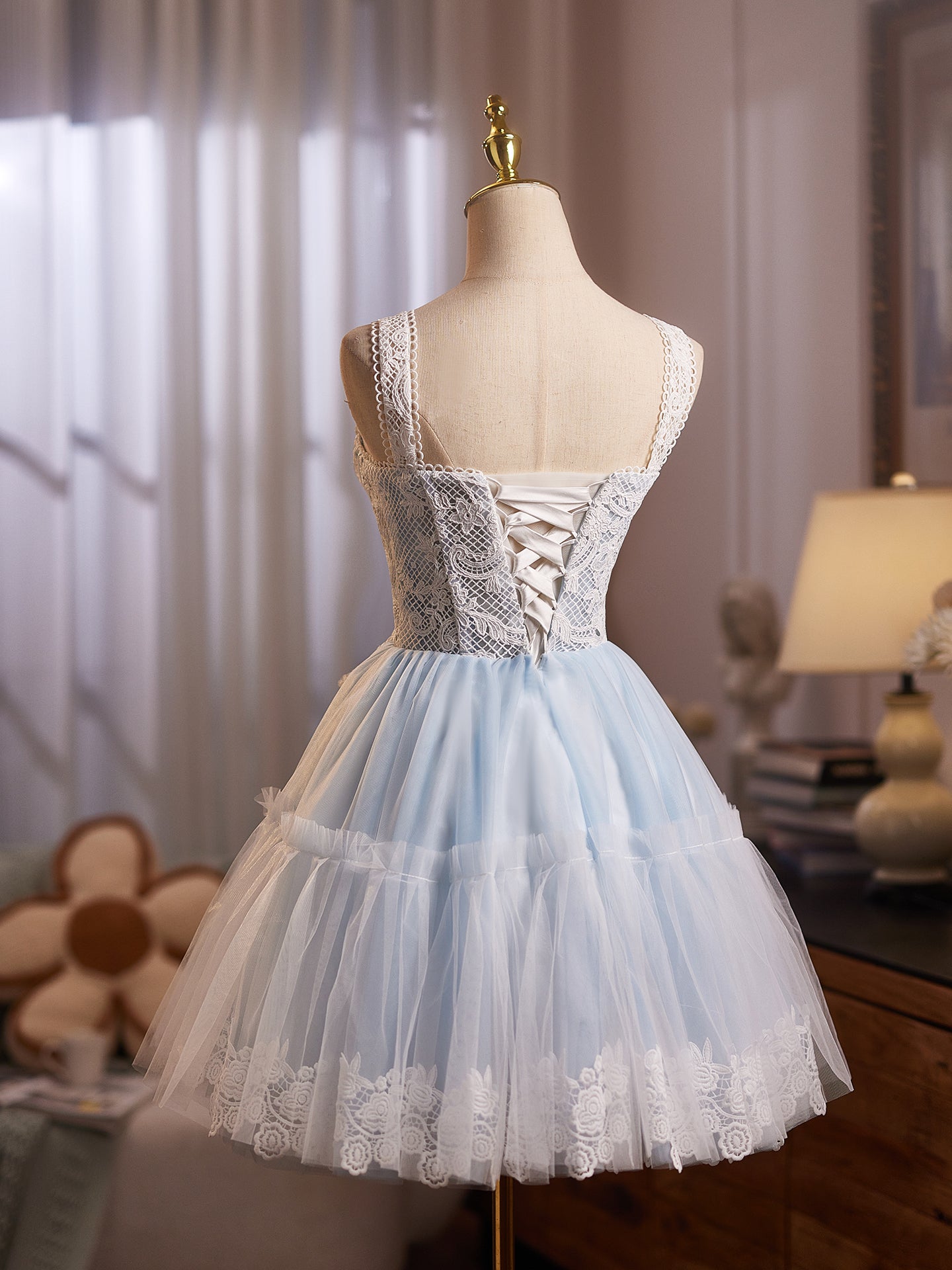 Sky Blue Appliques Straps Tulle A Line Homecoming Dress